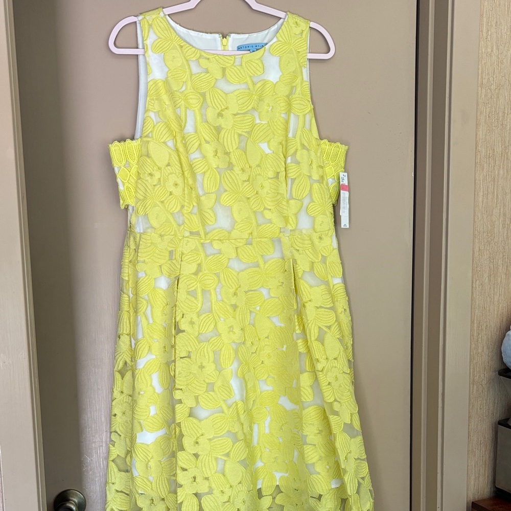 ANTONIO MELANI Yellow Floral Lace Fit & Flare Dress